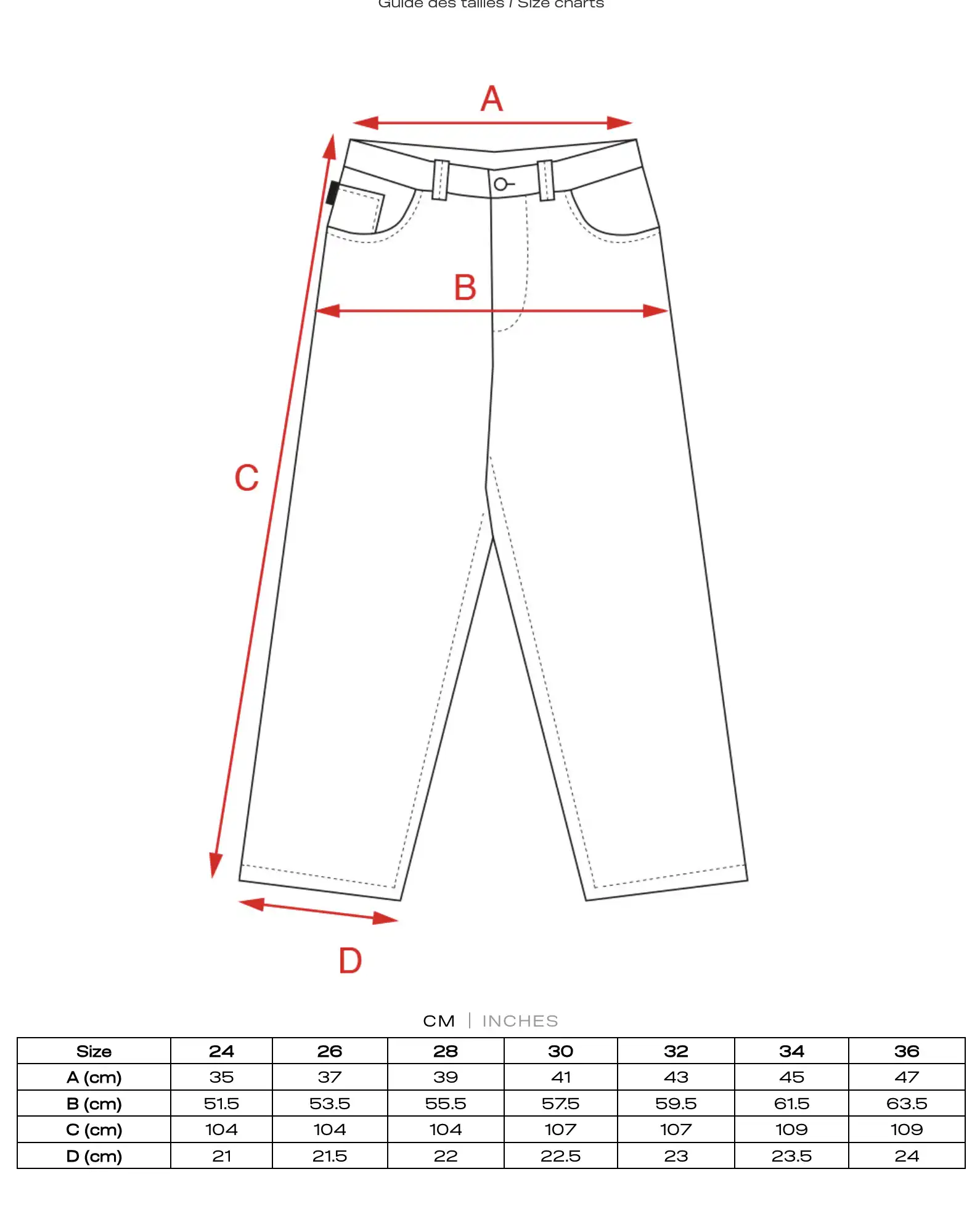 Guide des tailles Pantalon